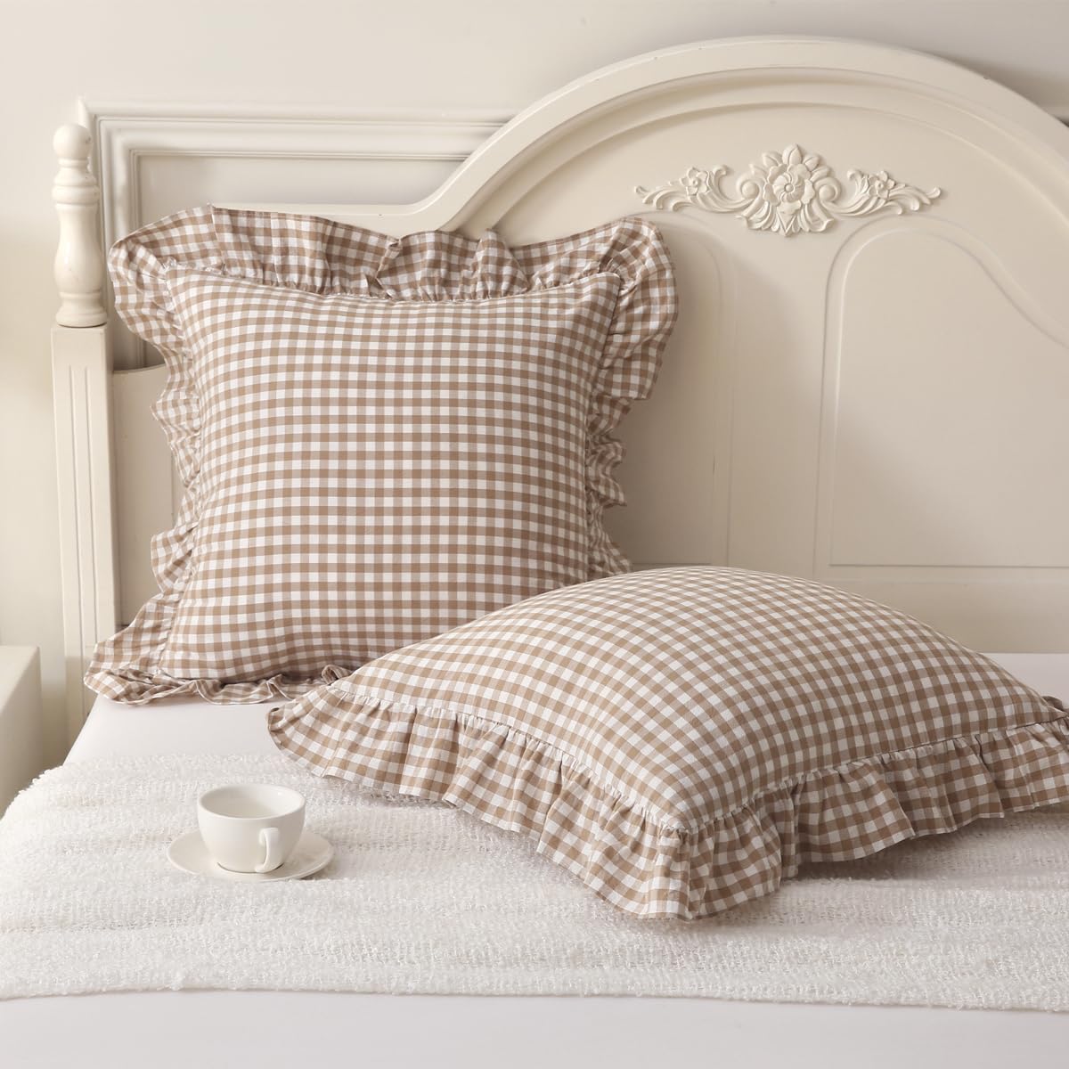 Silnuo 2 Pack Taupe/White Plaid Ruffle Throw Pillow Covers Farmhouse Checkered Chic Washed Cotton Pillowcases Gingham Pillow Shams for Bed, Sofa, Living Room-20"x20" Silnuo