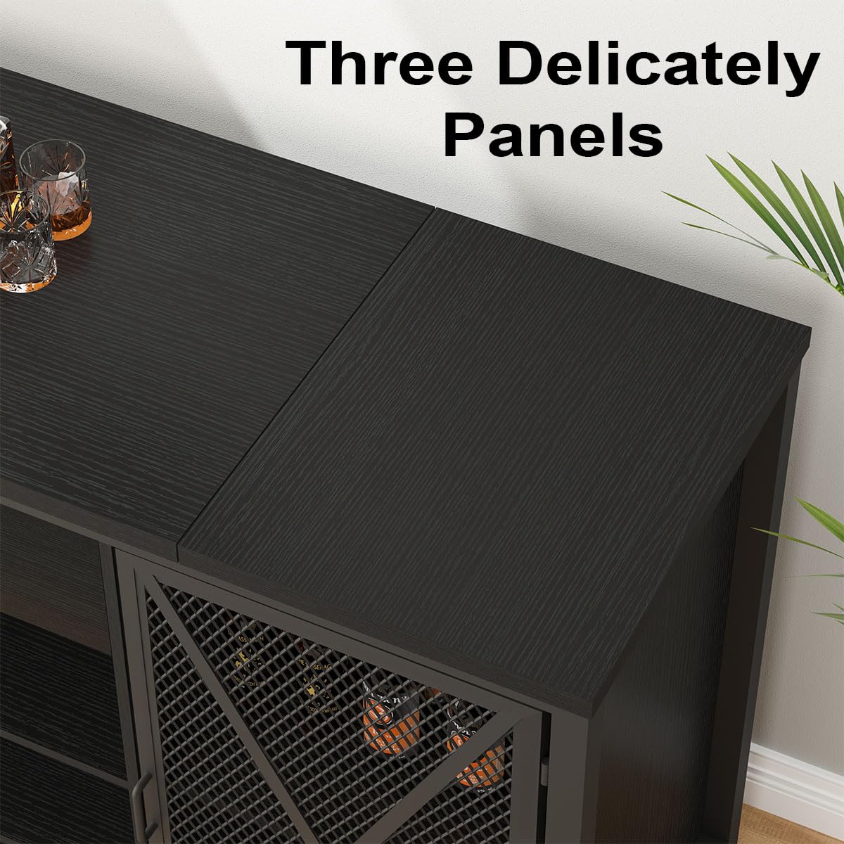 LVB Long Coffee Bar Cabinet with Fridge Space, Modern Wood Metal Large Wine Liquor Cabinet with Rack, Big Wide Sideboard Buffet Cabinet with Drawer Storage for Kitchen Dining Room, Black Oak, 70 Inch LVB