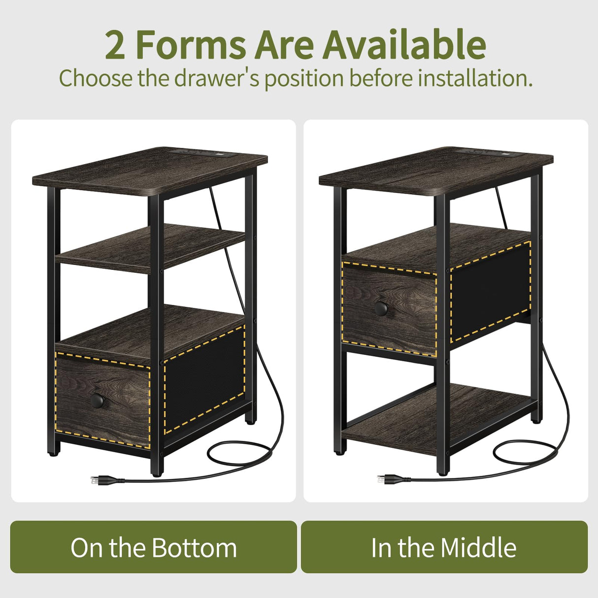 Yoobure End Table with Charging Station, Narrow Side Table with Adjustable Fabric Drawer, 3-Tier End Tables Living Room, Small Nightstand with Outlets, LED Skinny Night Stand for Bedroom Small Spaces Yoobure