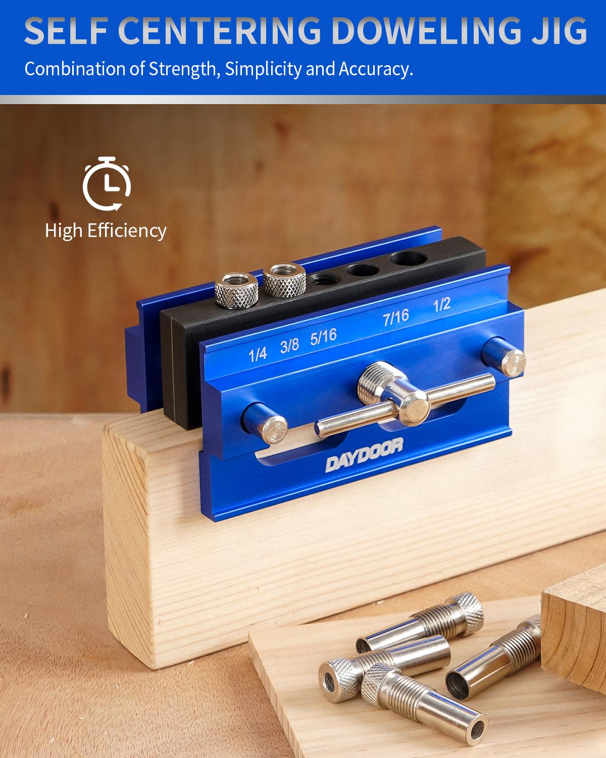 DAYDOOR Self Centering Doweling Jig, Adjustable Width Dowel Jig for Straight Holes, Biscuit Joiner Set with 6 Bushings and 3 Drill Bits(Blue) DAYDOOR
