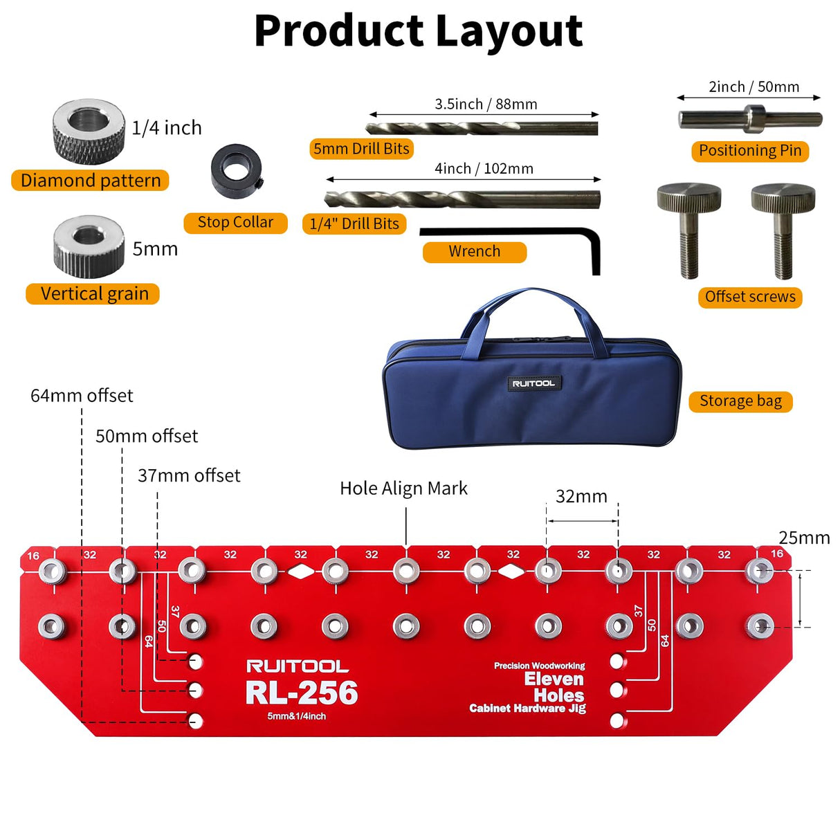 RUITOOL Shelf Pin Jig 11 Holes, Self-contained Clamping Function All Metal Shelf Pin Drilling Jig with 1/4" and 5mm Drill Bit, Shelf Hole Jig and Cabinet Hardware Jig Tool Drill Guide with Storage Bag RUITOOL