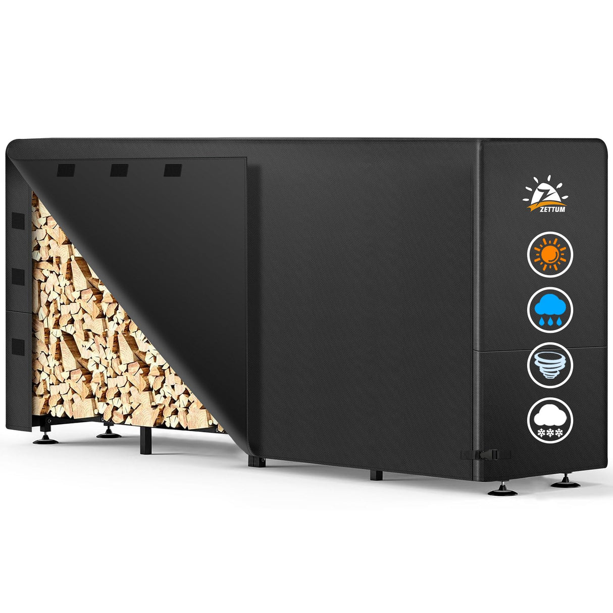 Zettum Firewood Rack Cover 8 Feet - 600D Wood Rack Cover Waterproof & Heavy Duty, 8 Foot Outdoor Log Pile Holder Covers Storage for 8FT Standard Fire Wood Rack Stands (96 x 24 x 49 Inch) Zettum