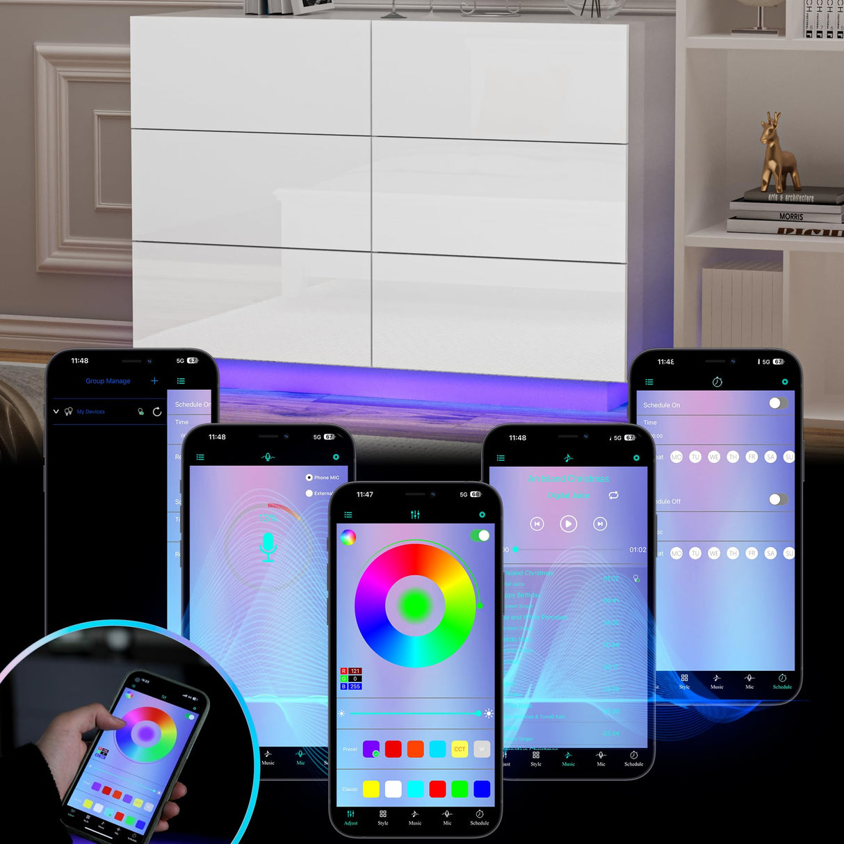 Anbuy White 6 Drawer Double Dresser with LED Light, Modern Dresser with High Gloss Drawers Dual Chest of Drawers Black Dresser for Bedroom with Lights (White) Anbuy