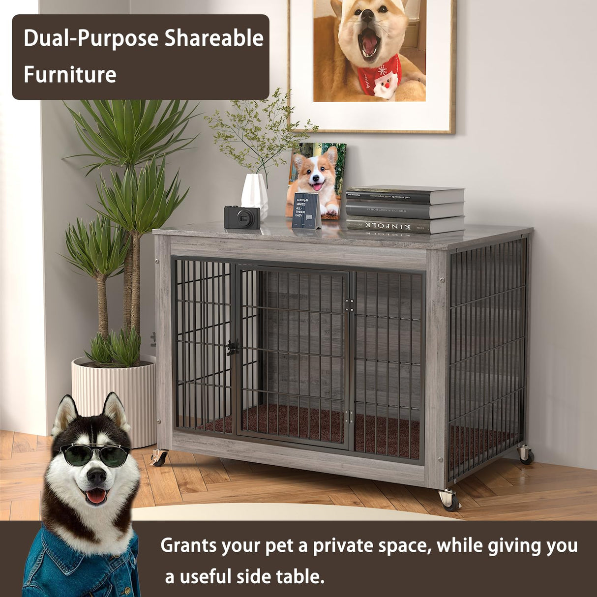PRETZI Dog Crate Furniture with Cushion,38" Wooden Dog Crate nightstand with Double Doors, Grey Dog Kennel Indoor with Wheels, Decorative Pet Dog House for Small Medium Large Dog PRETZI