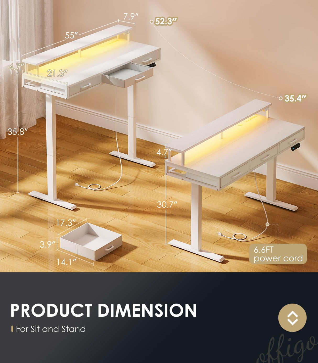 OffiGo Electric Standing Desk with Drawers, 55 Inch Height Adjustable Desk with Power Outlets & LED Lights, Sit Stand Table with Monitor Stand for Home, Office, Workstation, White OffiGo
