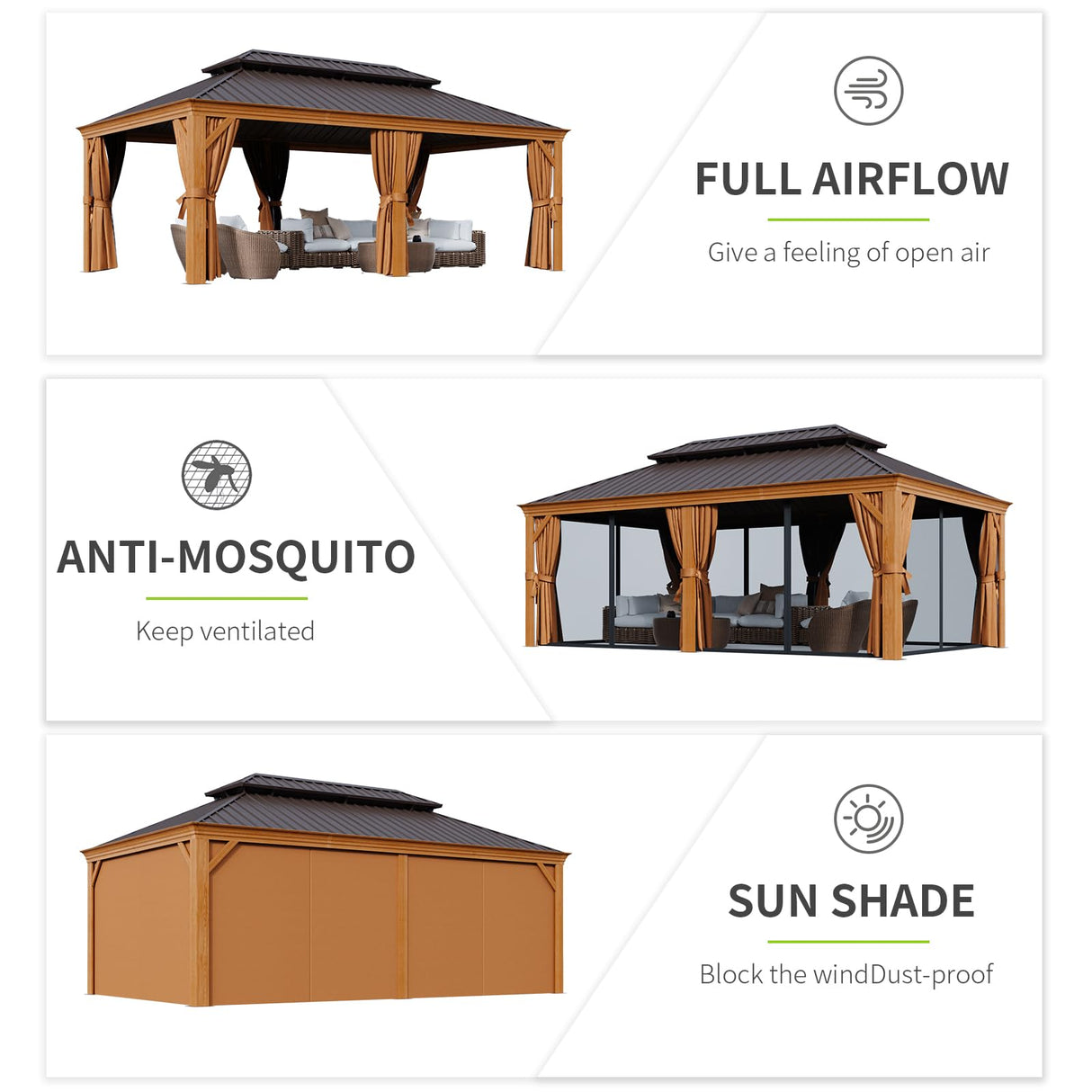 Aoxun 12' x 20' Hardtop Gazebo, Wooden Finish Coated Aluminum Frame Canopy, Galvanized Steel Double Top, Outdoor Permanent Metal Pavilion with Aoxun