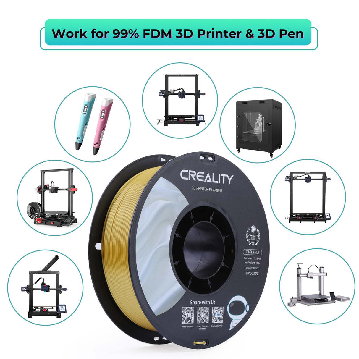 Creality Silk PLA Filament Multicolor, Smooth, Silky 3D Printer Filament 1.75mm, +/-0.02mm, Enhanced Printability, 3D Printing Filament 1KG/2.2lb (Yellow-Blue) Creality