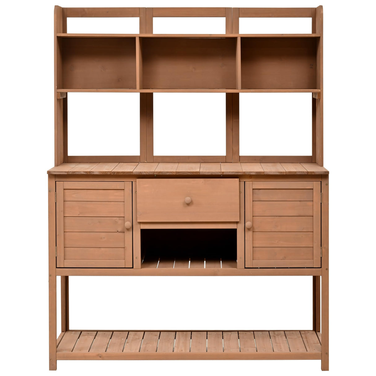 Merax Solid Fir Wood Potting Bench, Garden Workstation with Hutch, Drawer & Adjustable Shelves, Outdoor Work Table for Backyard Planting, Brown Merax