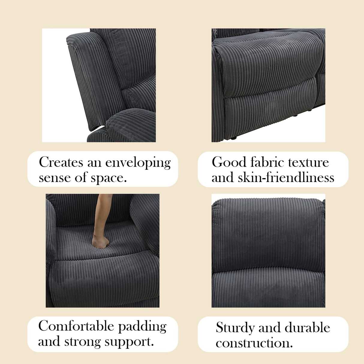 Recliner Chair for Adults, Classic and Traditional Manual Recliner Chair with Overstuffed Arms and Back, Manual Single Sofa, Ergonomic Adjustable Reclining Chairs for Adults, Corduroy-Grey SNKBOAT