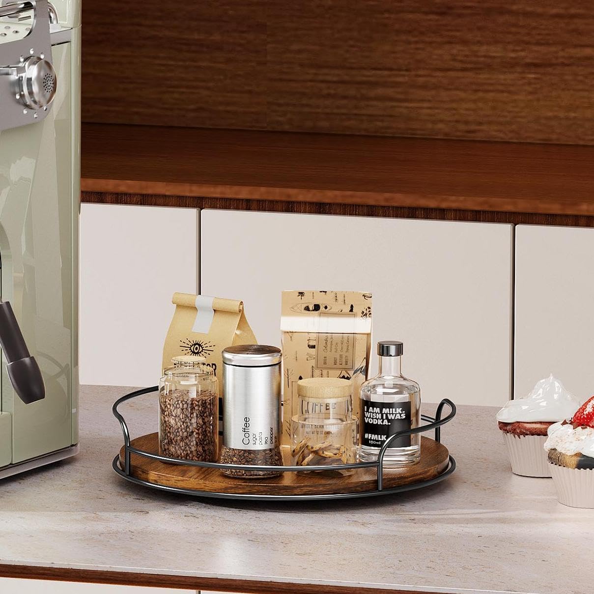 LAMU Lazy Susan Organizer, 9'' Lazy Susan Turntable for Cabinet, Table Top, Kitchen, Countertop, Bathroom, Pantry, Spice Organization, Wooden,1 Pack LAMU