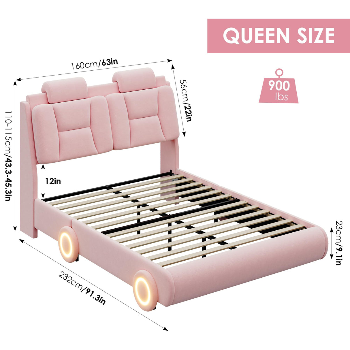 Queen Upholstered Led Bed Frame with Wheels Decor & Adjustable Curved Headboard Modern Car-Shaped Platform Bed with Detachable Pillows Solid Wooden Slats Support No Box Spring Needed, Velvet Pink Keyluv