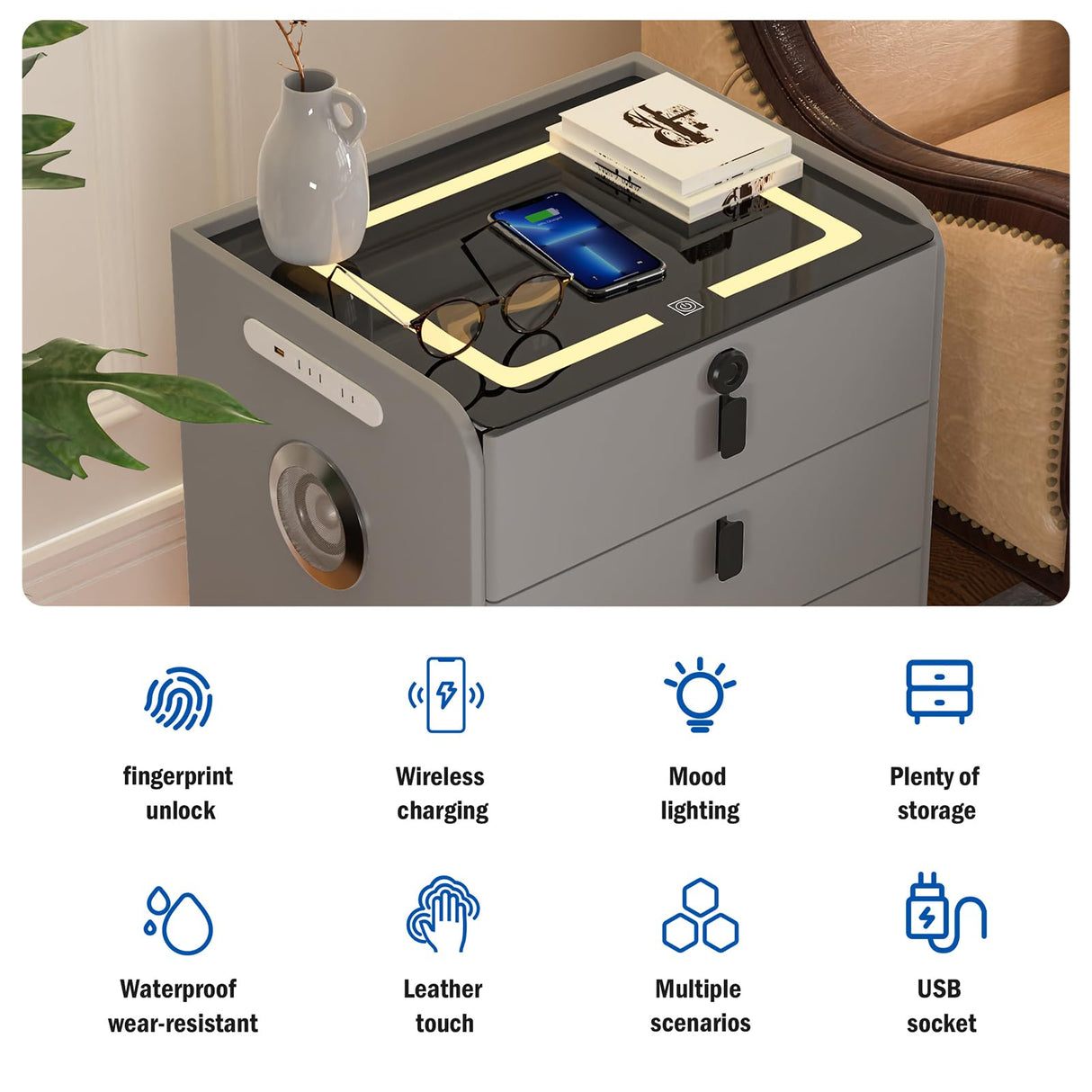 QHRAY Smart Nightstand with Fingerprint Lock Drawer, Nightstand with Wireless Charging, Night Stand with Charging Station,2 USB, LED Lights Bluetooth Speaker Side Table for Bedroom/Living Room QHRAY