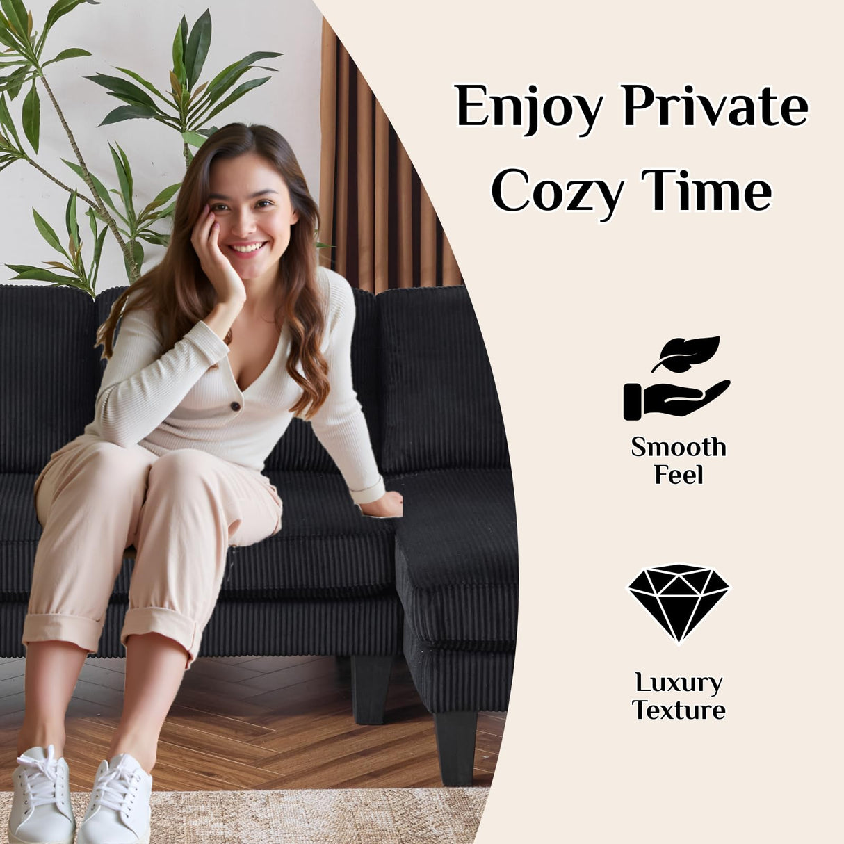 Karl home U-Shape Sectional Sofa Couch 111" Modern 4-Seat Sofa with Chaises Corduroy Fabric Upholstered Covertible Couch with Wood Grain Legs for Living Room, Reception Room, Apartment, Black Karl home