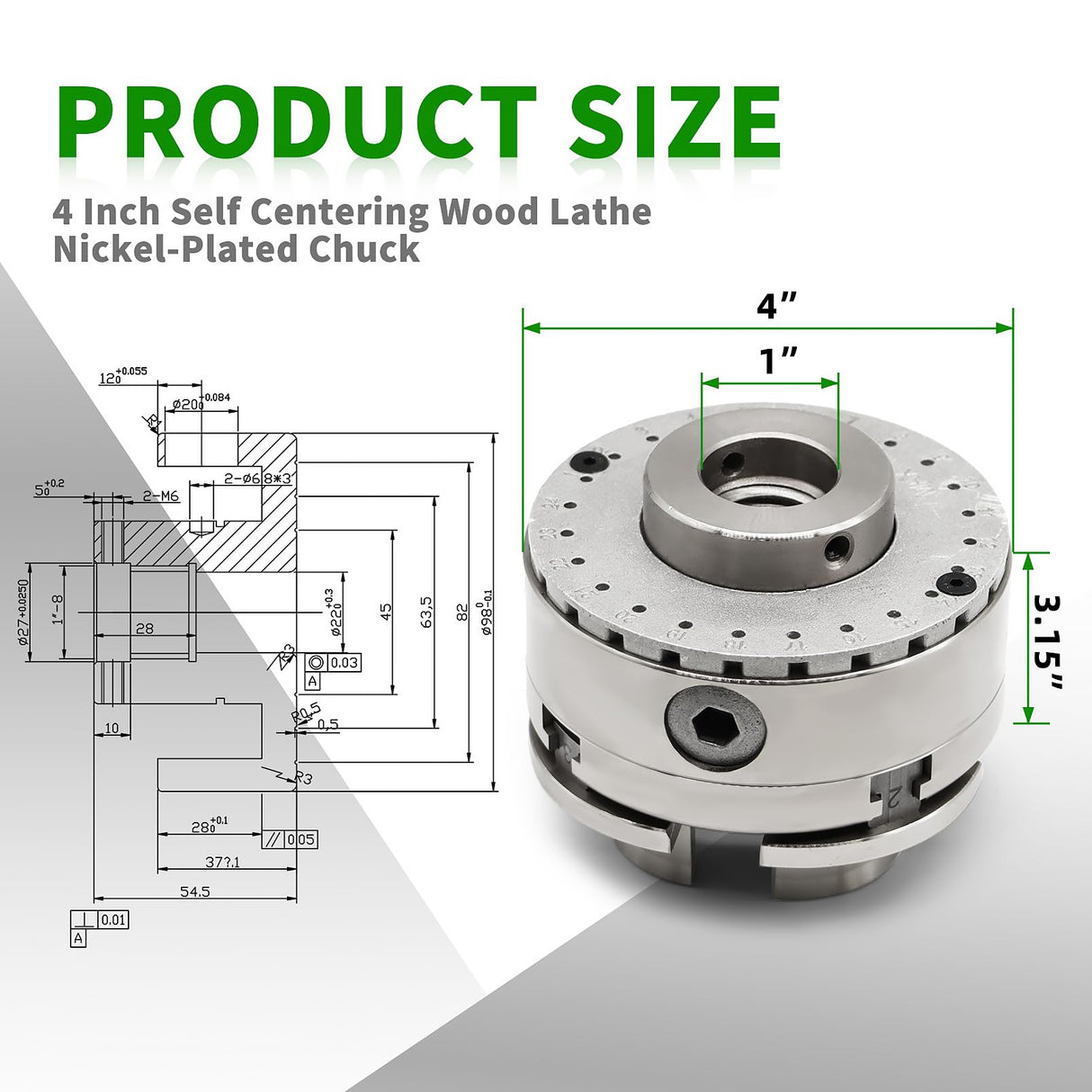 Yunnergo 1" x 8 TPI Thread 4 Inch Self Centering Wood Lathe Nickel-Plated Chuck Set 2/3/5 Jaw Turning Chuck Set (2PCs Jaw) Yunnergo