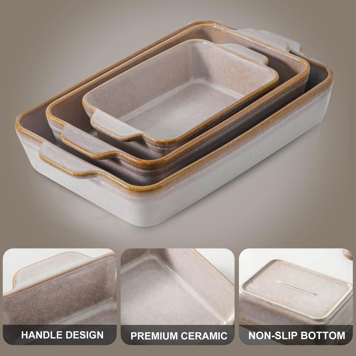 HVH 9x13 Baking Dish Set, Large Casserole Dishes for Oven, Ceramic Bakeware Set of 3, Baking Dishes for Casseroles 13 x 9, Rectangular Lasagne Pan Deep for Baking (Sand Color) HVH