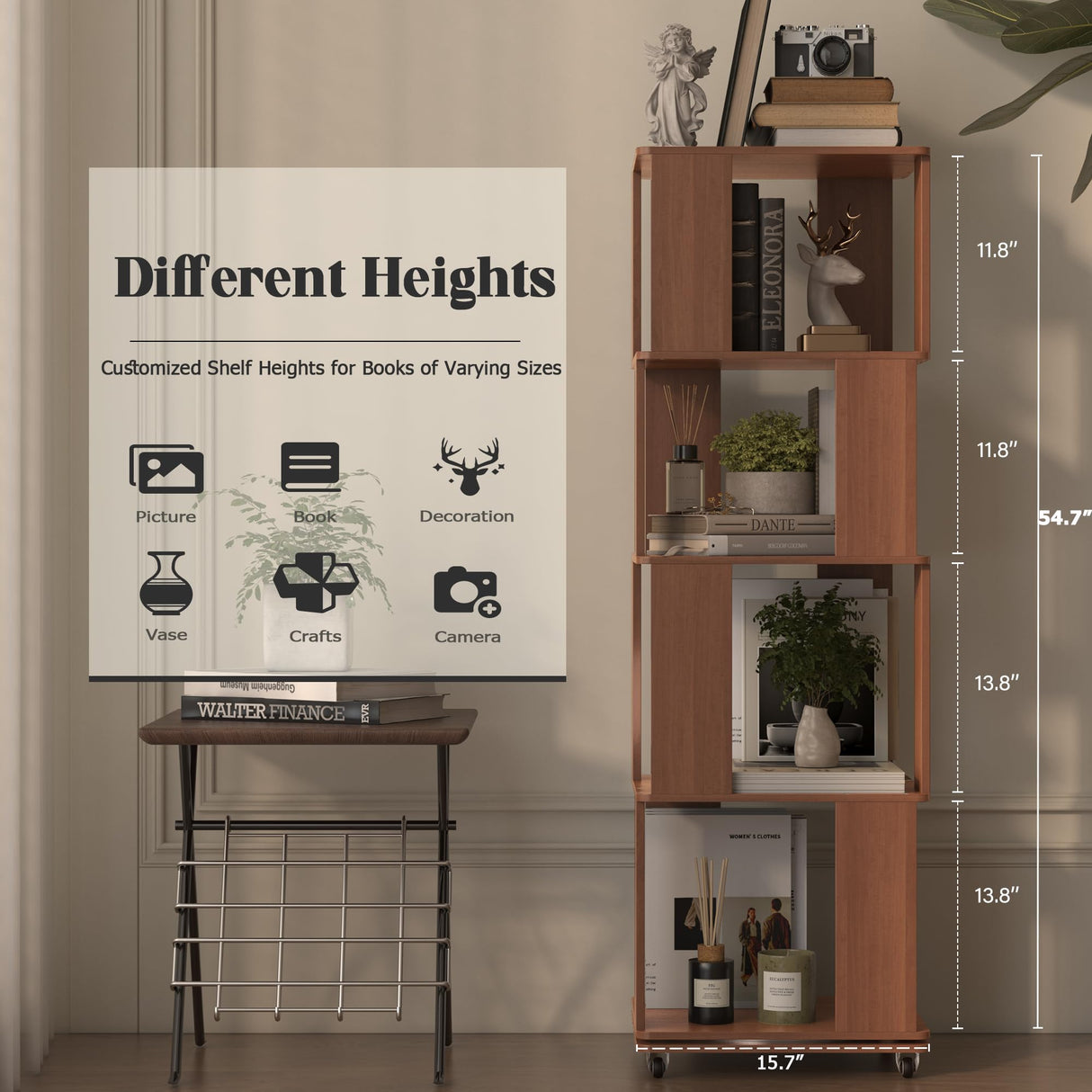 4 Tier Solid Wood Rotating Bookshelf Tower on Wheels, 360° Upgrade Spinning Book Shelf, Revolving Bookcase Organizer, Swivel Bookshelves for Small Spaces, Corner, Bedroom, Kids Room, Office (Walnut) Easyego