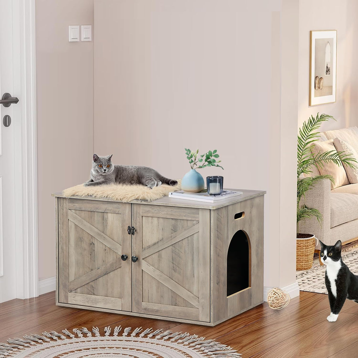 Timberer Cat Litter Box Enclosure, Litter Box Furniture Hidden with Removable Divider, Wooden Cat Washroom Furniture, Indoor Cat House, Greige Timberer