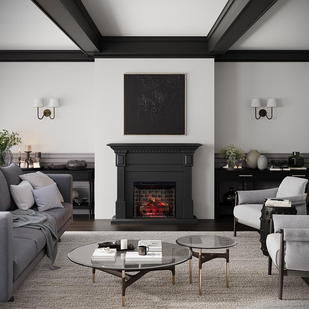 Modern Ember Augustine Black Mantel Package 55" W x 48" H with 28 Inch Electric Fireplace Insert - 1,000 Sq Ft Heater 4 Flame Colors, Ember Bed Included | Compatible with Alexa and Google Assistant Modern Ember