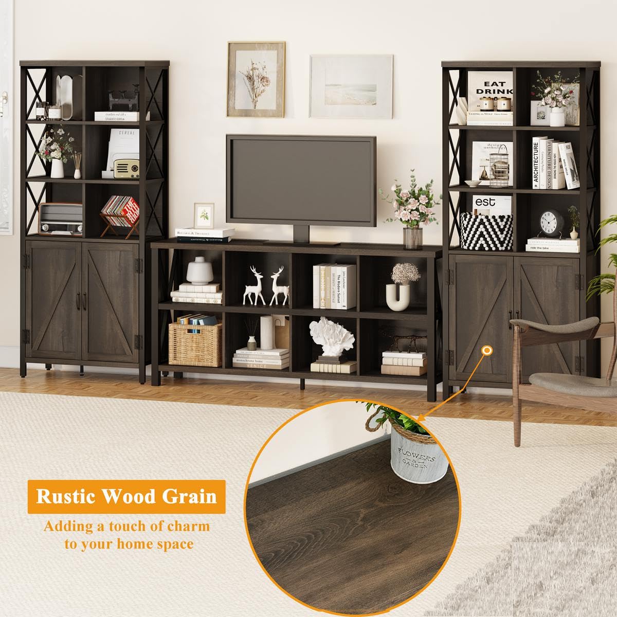 FATORRI Rustic Wood Bookshelf with Doors and Cabinet – Industrial Tall Bookcase in Walnut Brown FATORRI