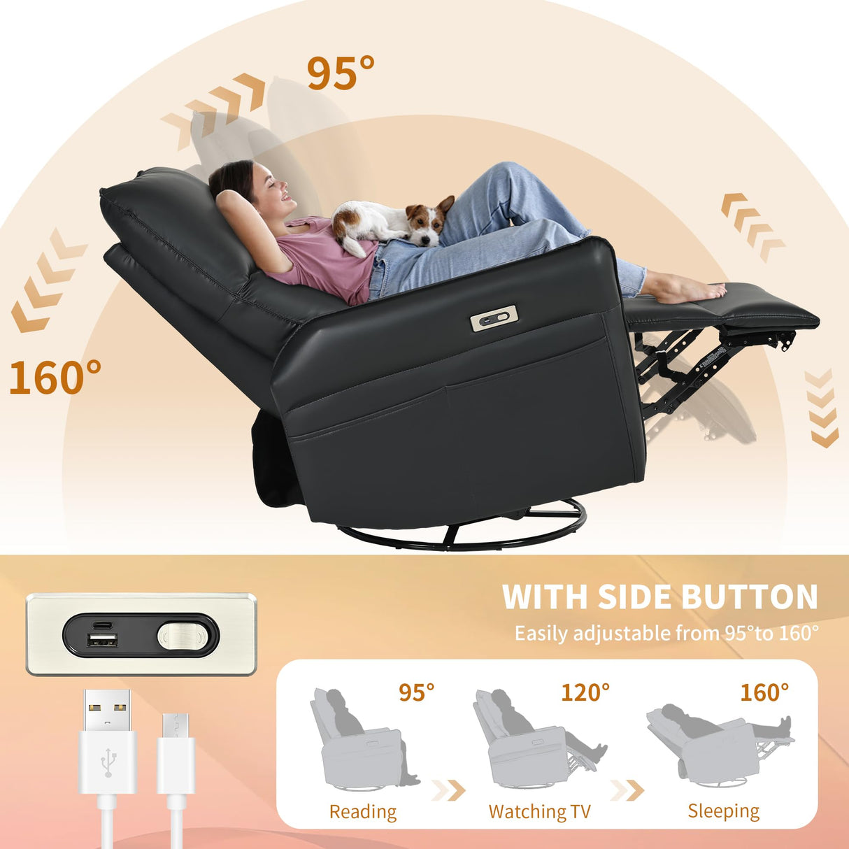 QicoFelix Power Swivel Rocker Recliner,Electric Glider Recliner Nursery Chair, Leather Electric Recliners with USB Ports for Living Room Bedroom (Black, Power) QicoFelix