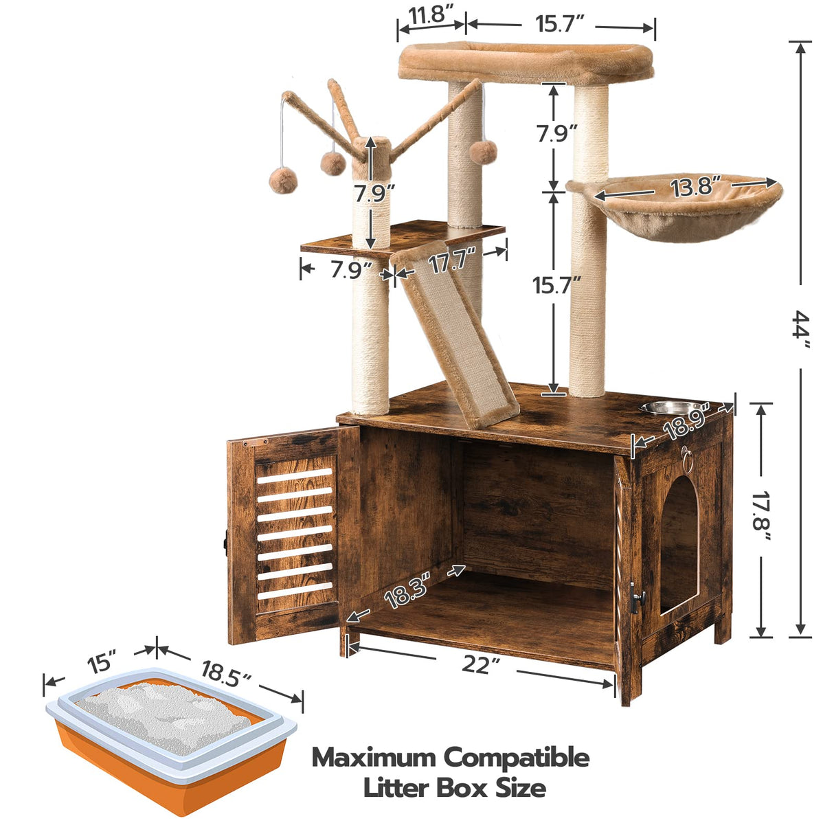 HOOBRO Cat Tree with Litter Box Enclosure, 44" Tall Wooden Cat Tower with Scratching Posts, Cat Hammock, Hidden Litter Box Furniture, All-in-One Indoor Cat Condo, Rustic Brown FG48MZ03 HOOBRO