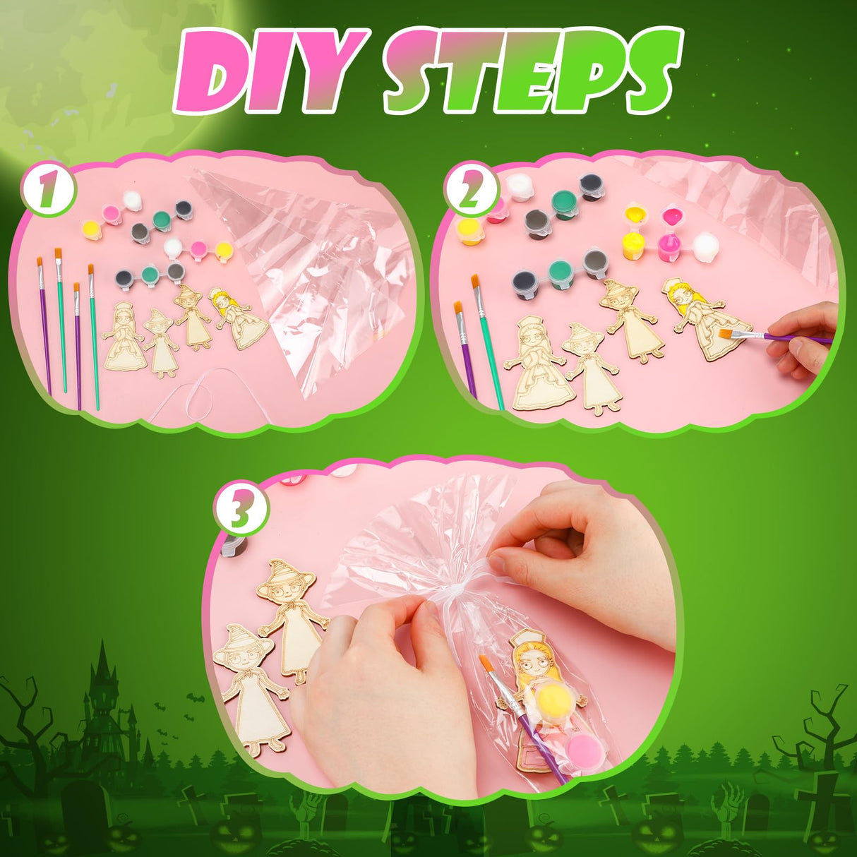 AmazingSpark 12 Sets Paint Your Own Witch Party Favors Pink and Green Princess Party Favors DIY Wood Painting Craft Kit Color Your Own Art Craft Kit(Witch) AmazingSpark