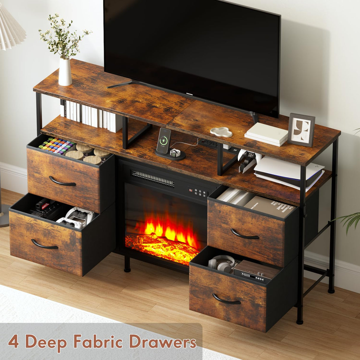 Fireplace TV Stand with 4 Fabric Drawers, TV Stand Dresser with Power Outlets and LED Lights, Fireplace Entertainment Center with Open Shelf for 43,50 Inch TV, for Living Room, Bedroom, Rustic Brown PUKAMI