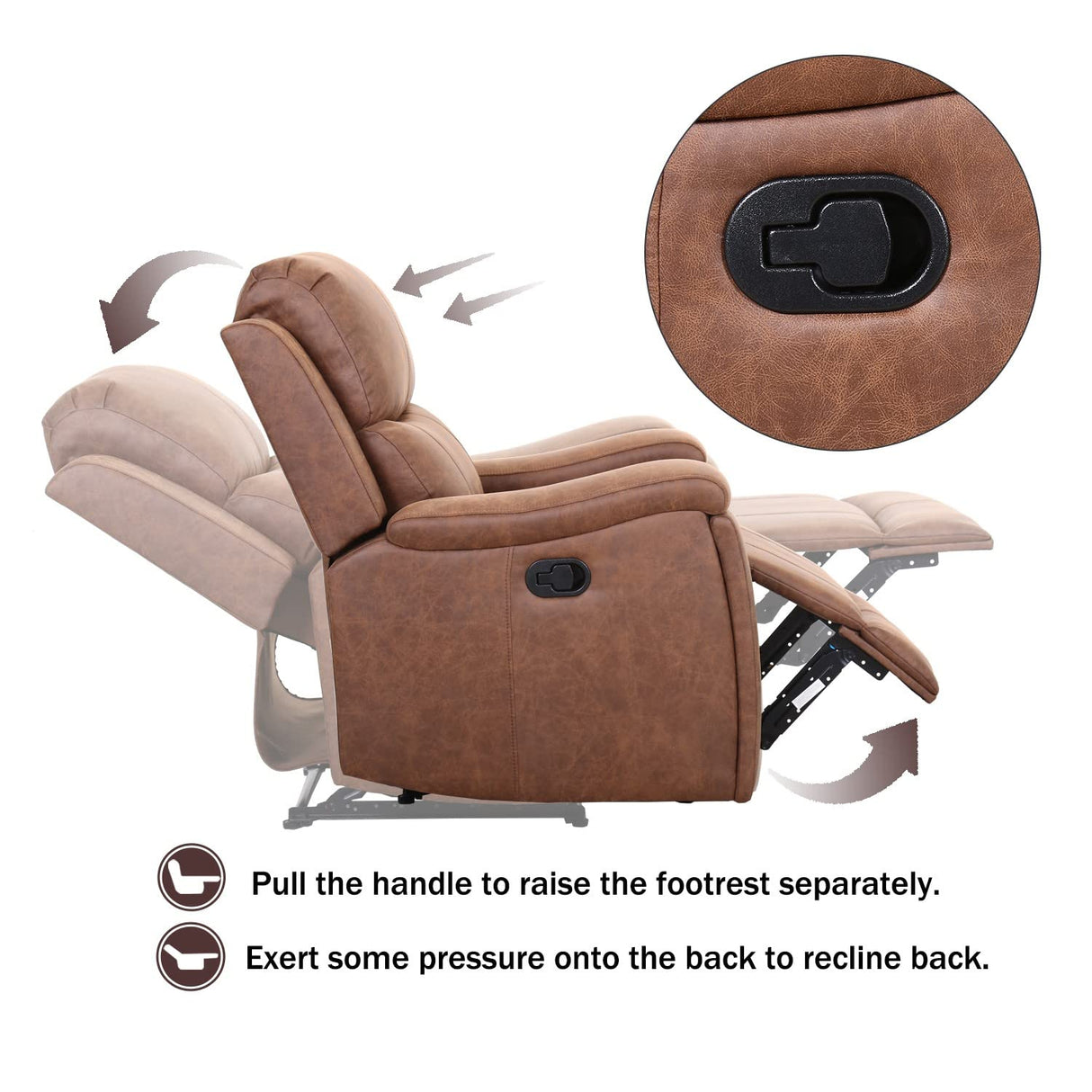 CANMOV Leather Recliner Chair, Classic and Traditional Manual Recliner Chair with Overstuffed Arms and Back, Manual Single Sofa with Concealed Cup Holders, Brown CANMOV