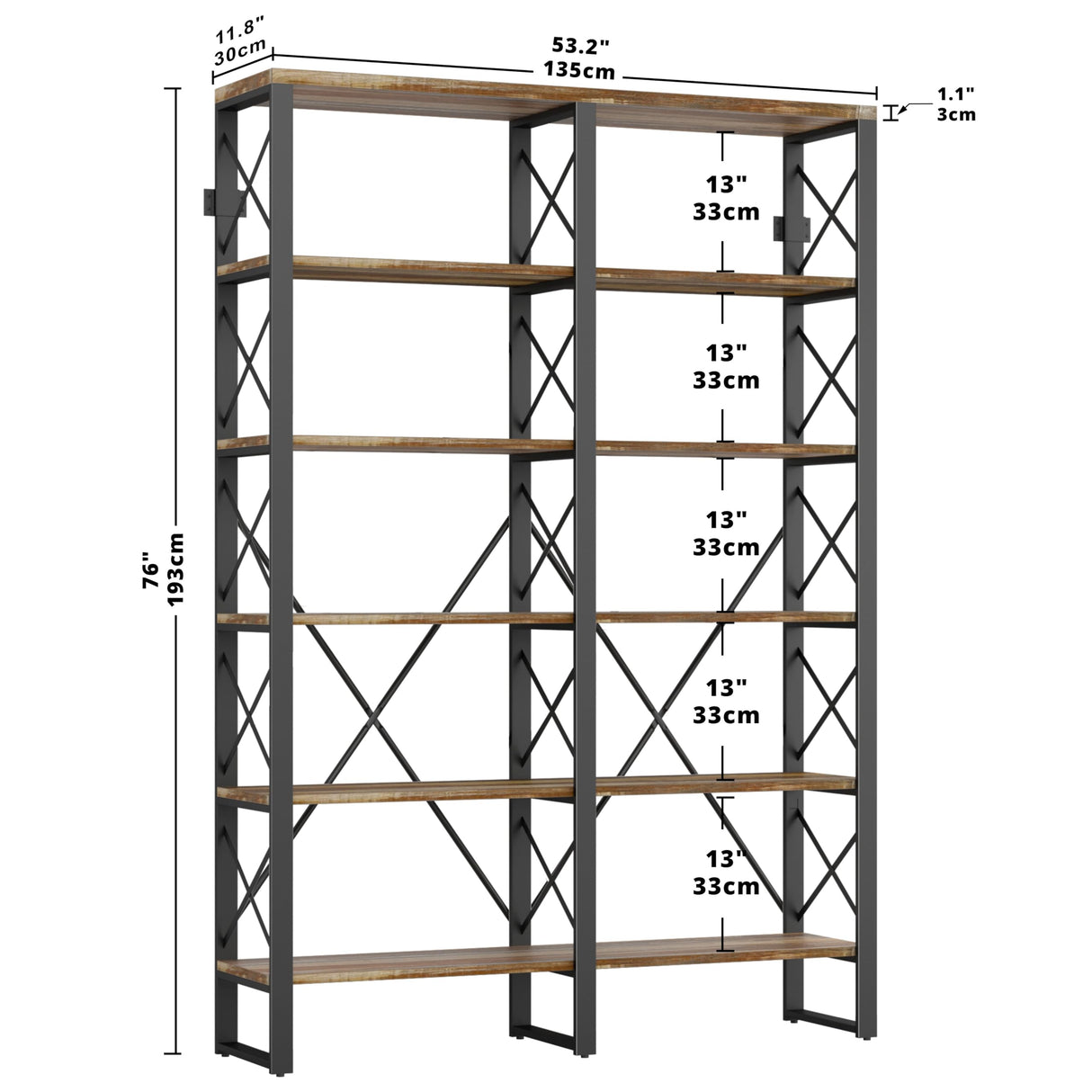 IRONCK Bookshelves Double Wide 6-Tier 76" H, Open Large Bookcase, Industrial Style Shelves for Home Office, Easy Assembly IRONCK