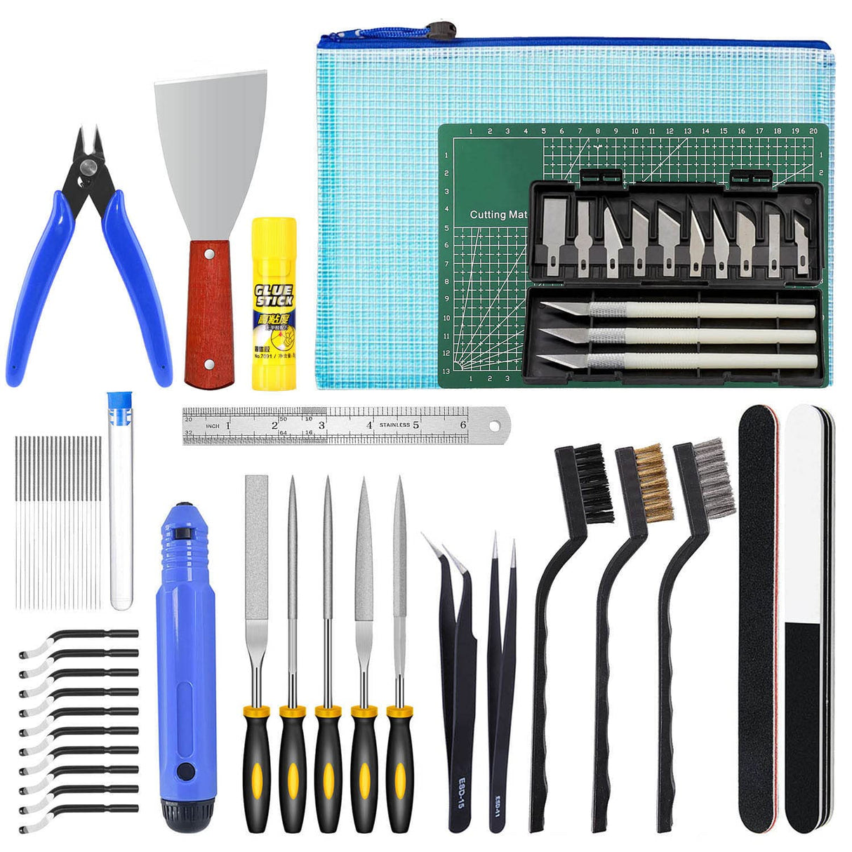 52 Pieces 3D Printer Tool Kit with Deburring Tool Machinist Tools for Resin 3D Printing Includes Needle Files, Blades, Cleaning Needles, Tweezers, Pliers, Cutting Mat and Storage Bag ELITECTK