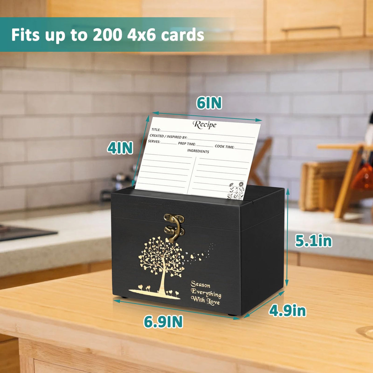 CypherX Wooden Recipe Box - 50 Blank Recipe Cards and Box Set - Recipe Card Organizer Box with 8 Wood Dividers - Gifts for Cooking Lovers | Best Housewarming and Bridal Shower Gift, Black CypherX