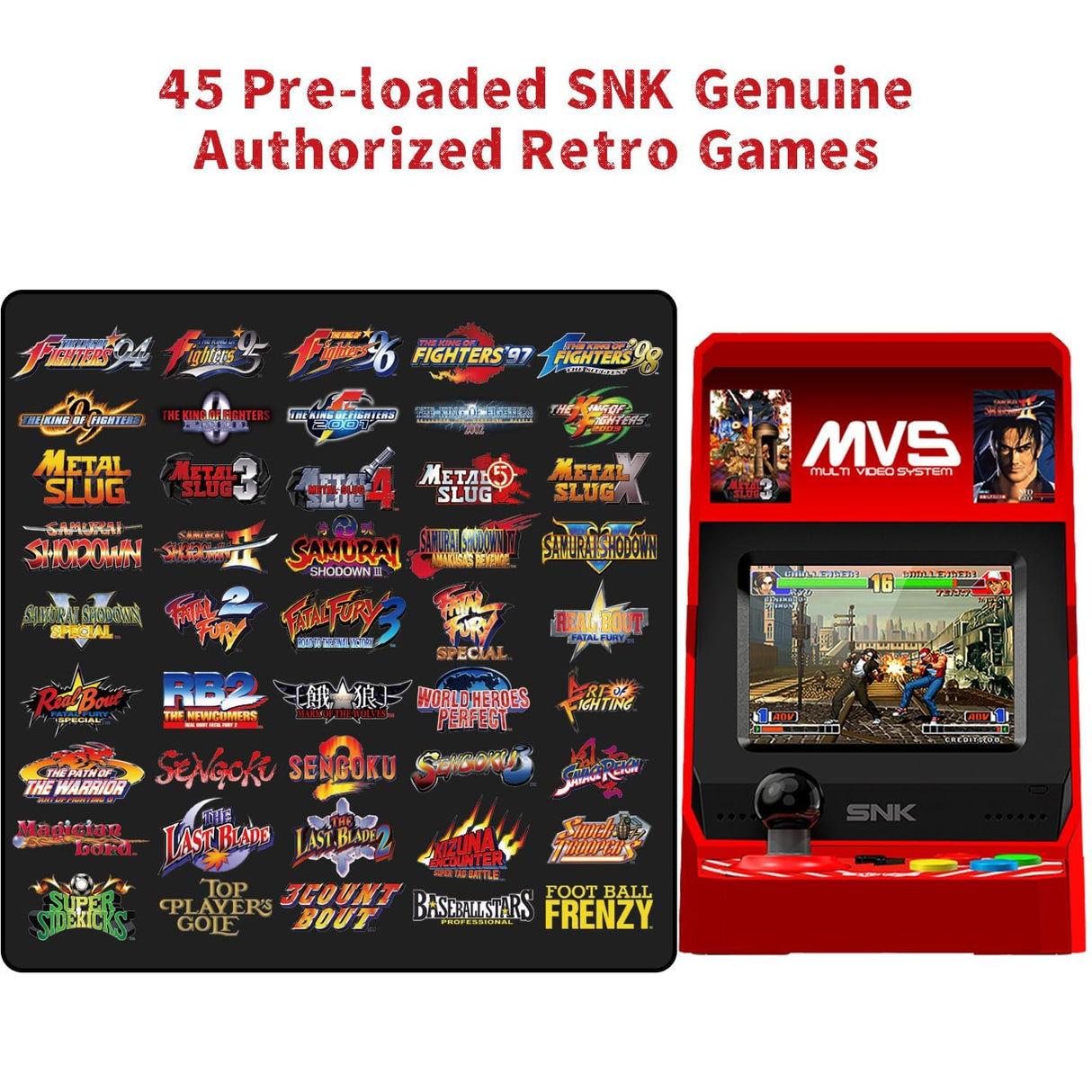 UNICO SNK MVS Mini Home Arcade Machine, 45 Pre-Loaded Classic SNK NeoGeo Games:10 KOF / 5 Metal SLUG / 7 FATAL FURY / 6 SAMURAI SHODOWN and More, 3.5inch Screen, HDMI and Gamepads Port UNICO