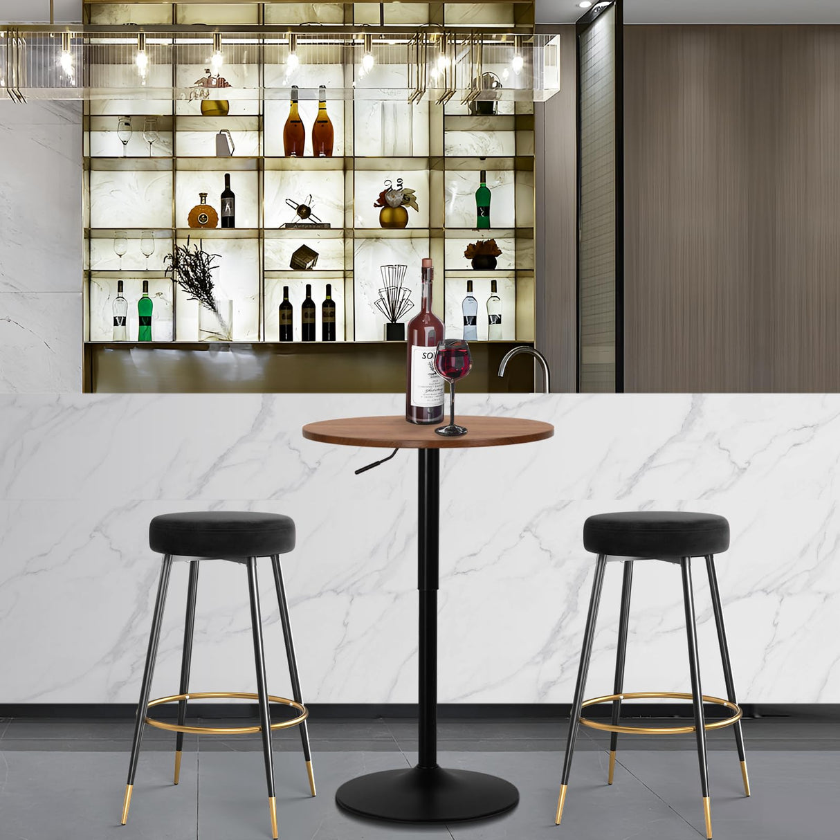 Athena Collection Round Bar Table,Adjustable Height Pub Table and 360°Swivel Bistro Table, High Top Table with MDF Desktop,Cocktail Table for Bar/Pub/Bistro (Brown Wood) Athena Collection