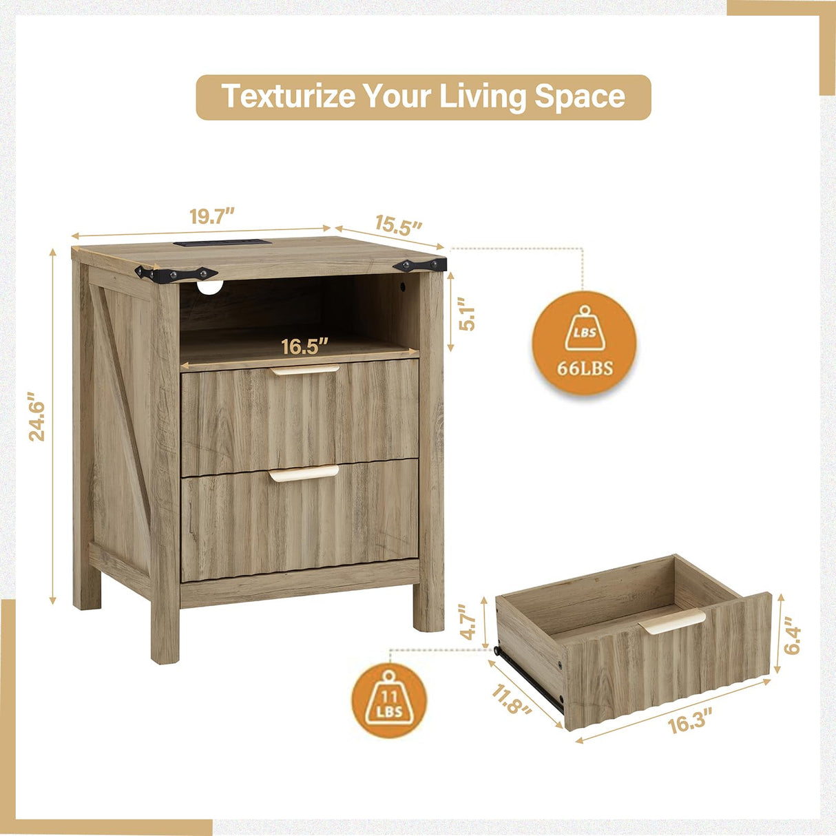 BuildHom Brown Fluted Night Stand with Charging Station, 2 Drawers Nightstand w/Open Shelves, Wood Curved Profile Design End Table, Modern Bedside Table for Bedroom, Sunwashed Ash Oak BuildHom