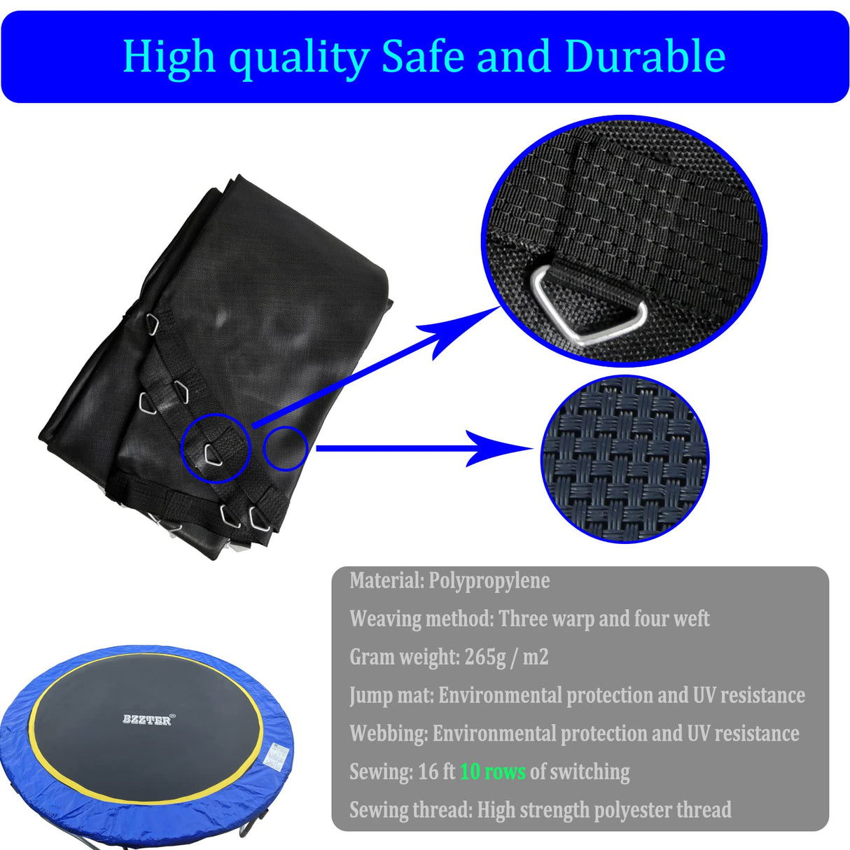 Bzzter 16FT Trampoline Mat,171.8"/14.31ft Diameter Mat with 108 Rings Fits 6.5"-7.0" Spring,w/Pull Hook and Gloves,not Include Frame and Spring Bzzter