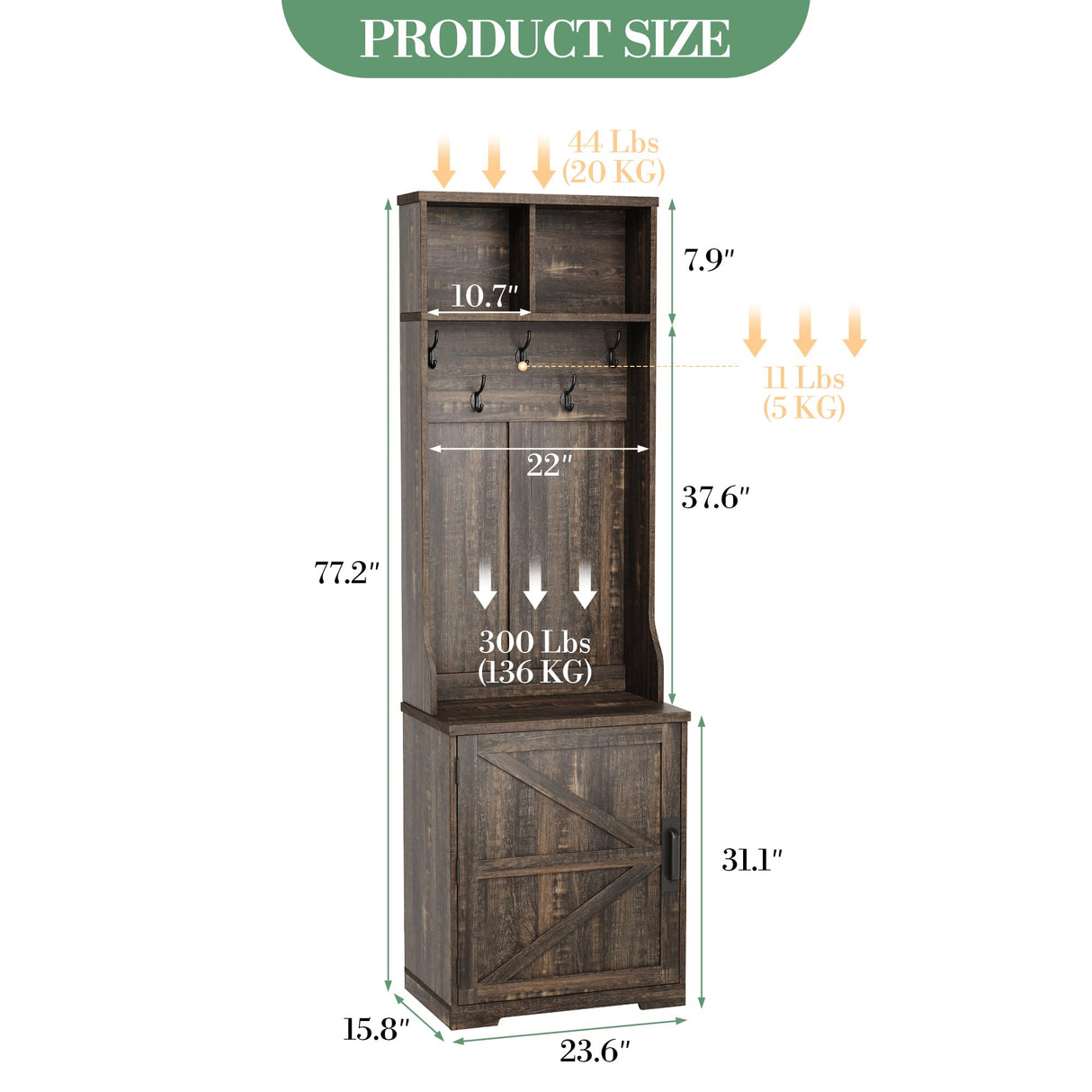 IDEALHOUSE Farmhouse Narrow Coat Rack with Shoe Storage, 23.6" Small Hall Tree with Bench, Entryway Coat Rack with 5 Hooks, 2 Cubbies & 1 Barn Door Cabinet for Entryway, Hallway, Mudroom, White/Brown IDEALHOUSE