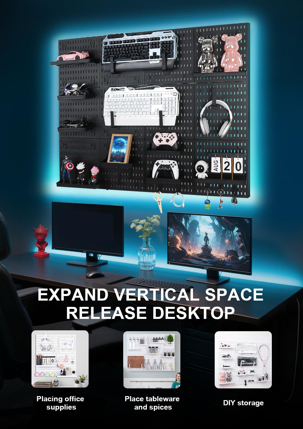 Pegboard Wall Organizer - Modular System for Gaming Setup, Office & Kitchen Storage Solutions Create A Perfectly Structured Space(Black,16″×12″) Colville