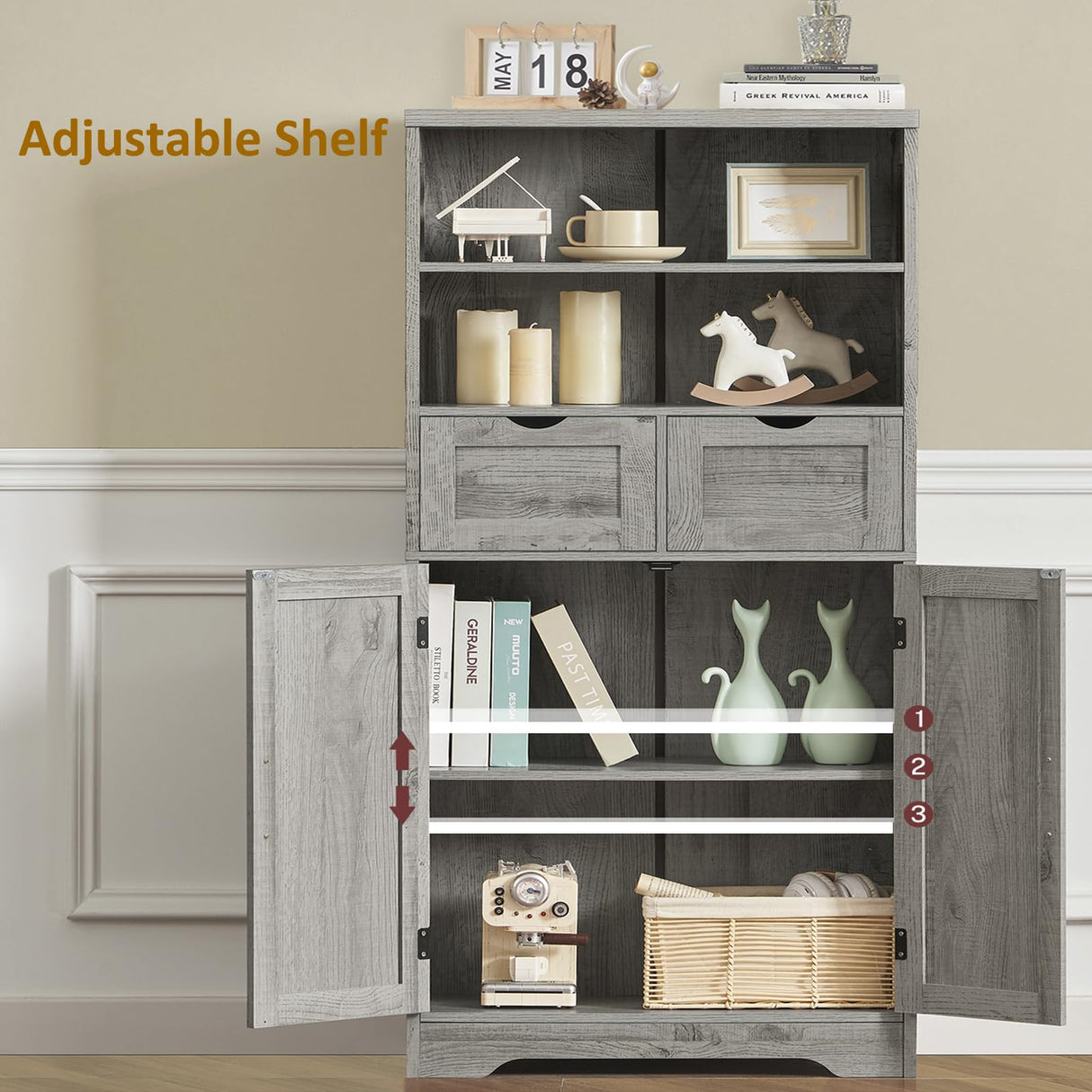 TEENFON Farmhouse Storage Cabinet with Doors & 2 Drawers, Bathroom Cabinet with Adjustable Shelf, Cupboard for Living Room, Entryway, Home Office, Gray TEENFON