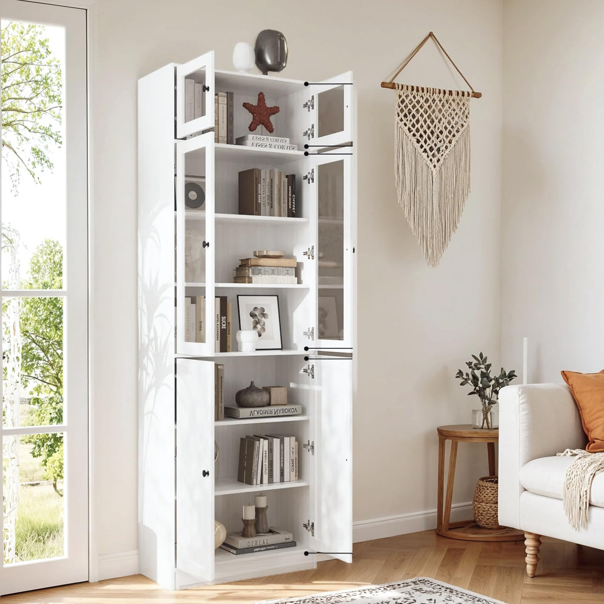 VOWNER 85.5" Tall Bookshelf Single Pack - Half Glass Door Design, White 7 Tier Book Shelf, Curio Cabinets with Storage, DIY Large Bookcase for Living Room, Office VOWNER