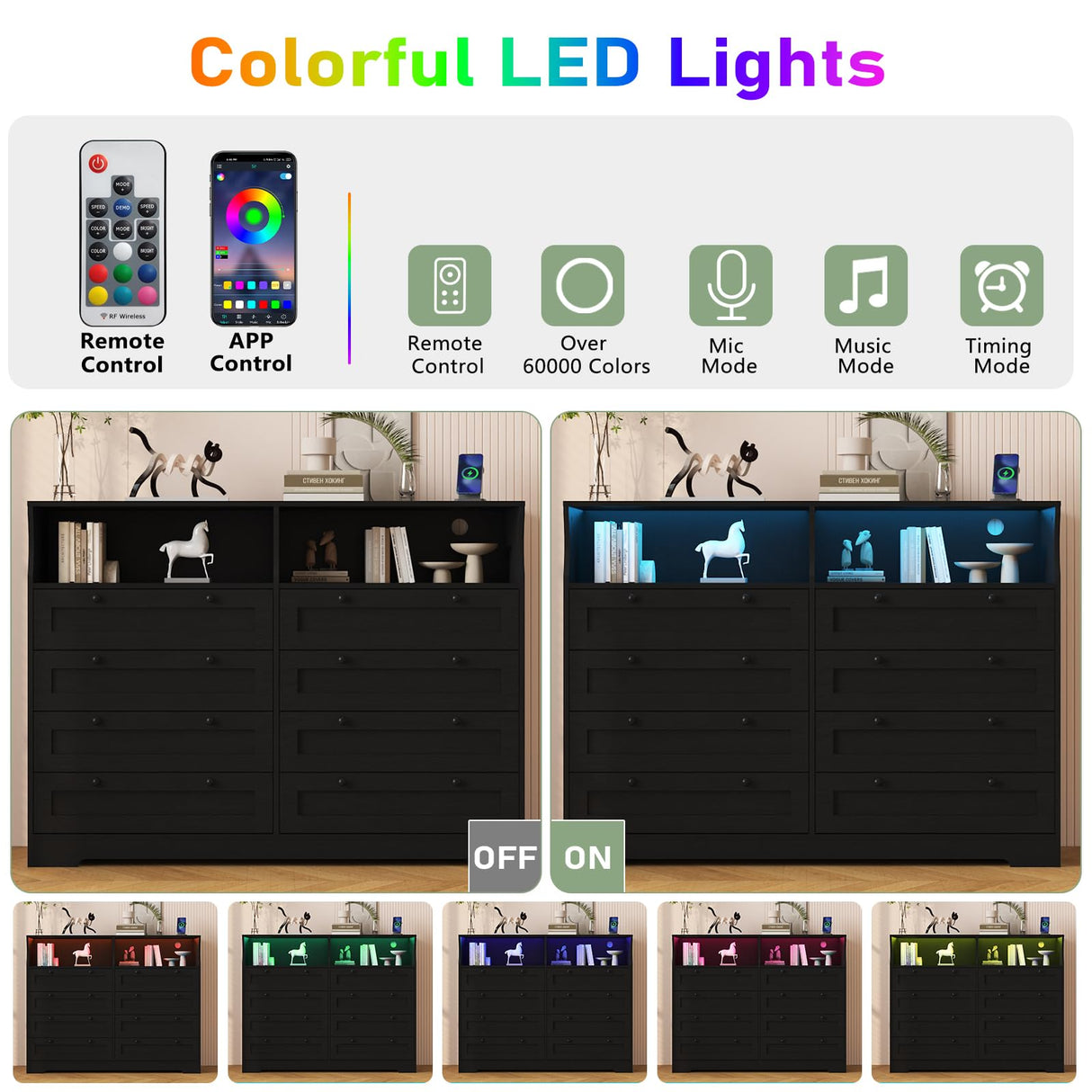 Black Dresser for Bedroom with 8 Drawers, 55 Inch Tall Wood Bedroom Dresser with Charging Station & LED Lights, Large Modern Dressers & Chest of Drawers for Bedrooms, Living Room, Hallway, Entryway Patikuin