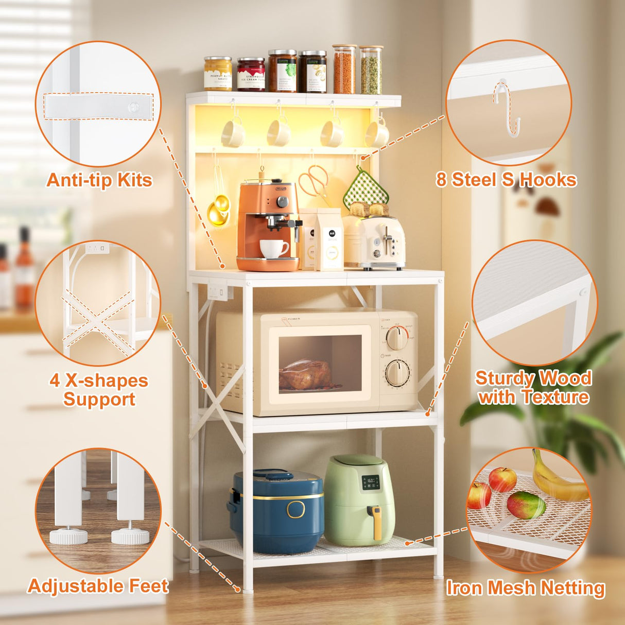 Korfile Kitchen Bakers Rack with Power Outlet & LED Lights, Small Coffee Bar Table with Adjustable Storage Shelf, 4 Tiers Microwave Stand with 8 Hooks, Coffee Station for Appliance Organizer, White Korfile