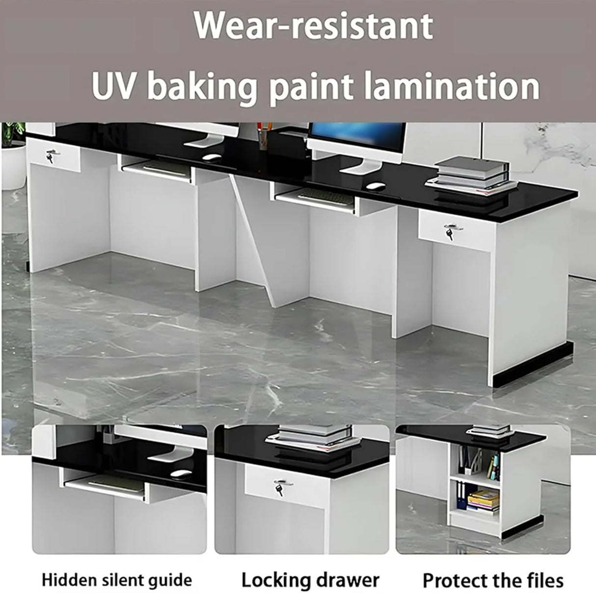 Nuipesn Reception Desk, Counter Desk with Lockable Drawer, Office Computer Table (Pure White+Black/Left, 86.61" L*23.62" W*39.37" H) Nuipesn