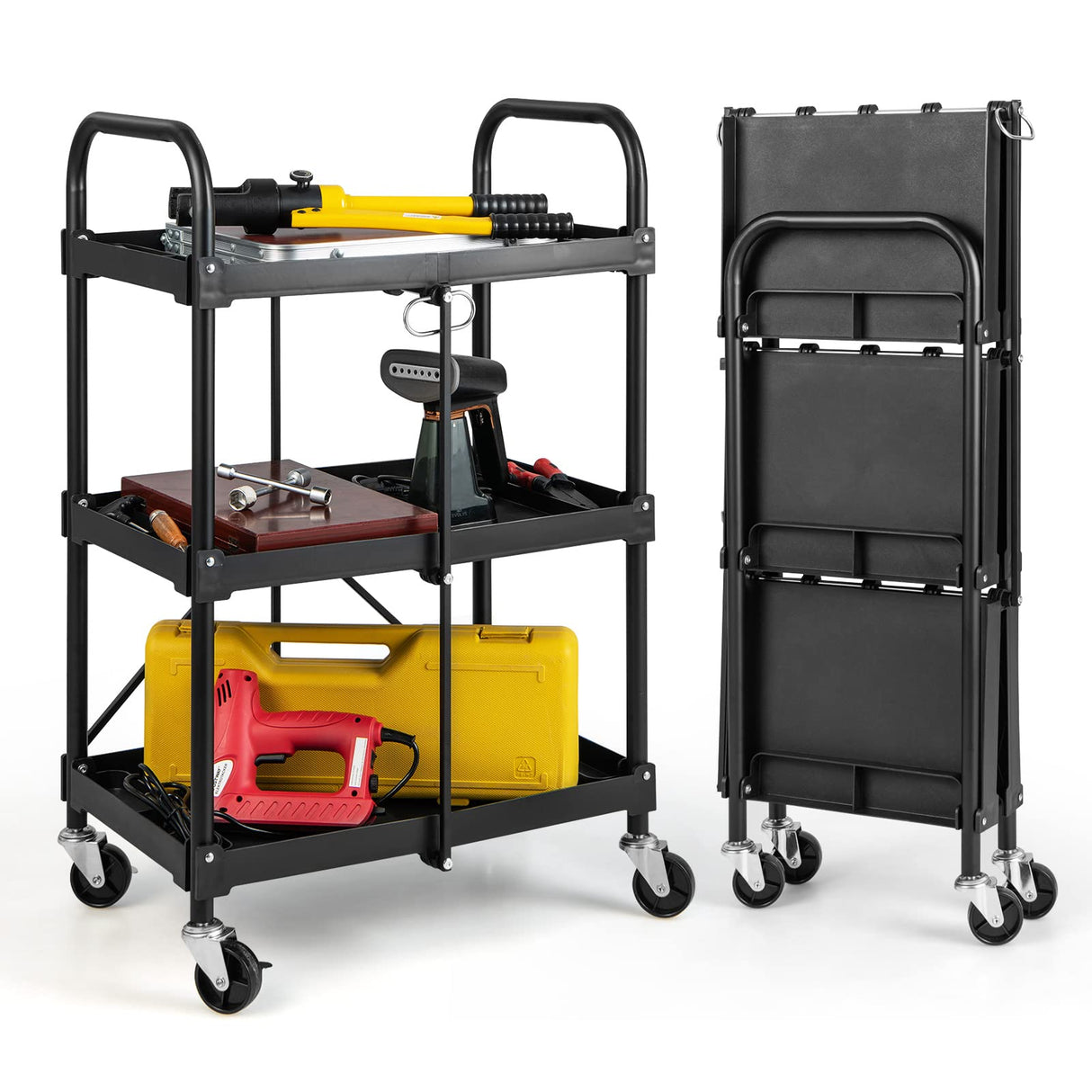 Nightcore Folding Utility Cart, 3-Tier Food Service Cart w/Lockable Wheels, 330LBS Capacity, Heavy-Duty Metal Frame Collapsible Utility Cart, Rolling Tool Cart for Home Garage WoodArtSupply