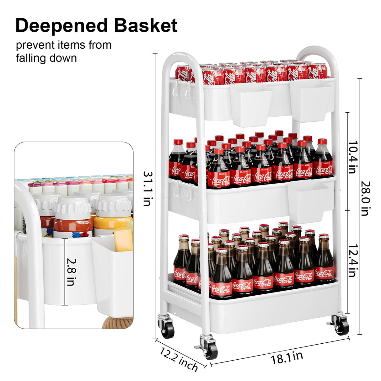 3 Tier Rolling Cart Metal with Wheels, Heavy Duty White Three Tiered Craft Cart Organizer on Wheels, Utility Roller Storage Carts for Art, Baby Nursery, Diaper Caddy, Snack,Book,Nail,Cleaning Supplies Osivaex