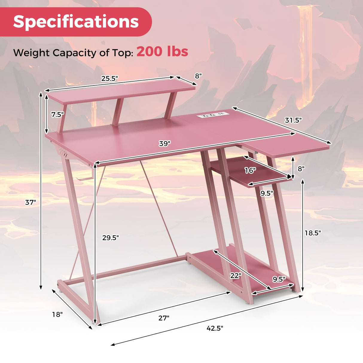 Tangkula L Shaped Gaming Desk with Power Outlets, Small Gaming Computer Desk 39inch with Storage Shelf, Corner Desk with Carbon Fiber Texture, Gamer Desk Gaming Table (Pink) Tangkula