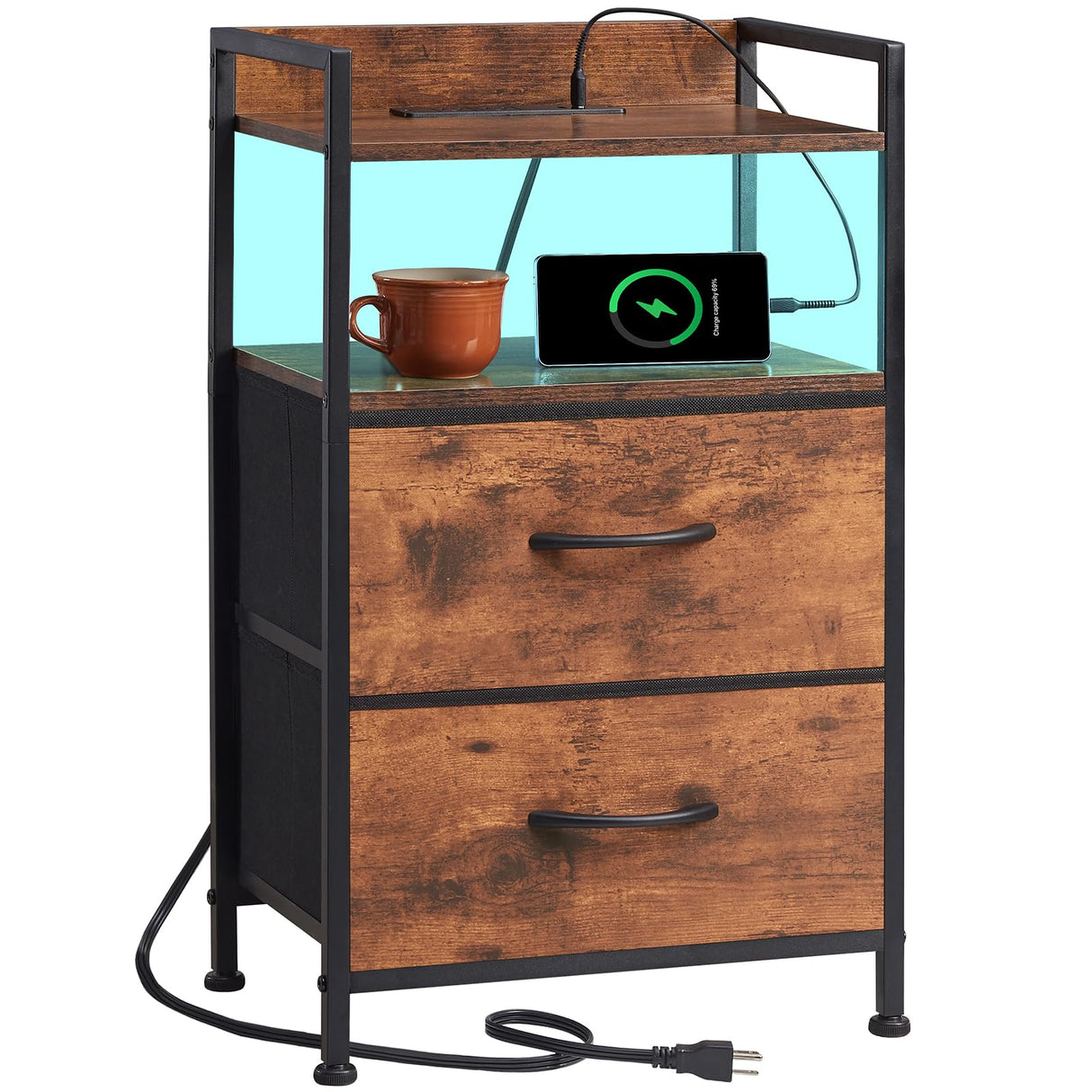 Somdot 2 Drawers Dresser with Charging Station and LED Light for Bedroom, Small Nightstand with Fabric Bins for Bedside Kids Dorm Room Closet Laundry Entryway, Wood Grain Print Somdot