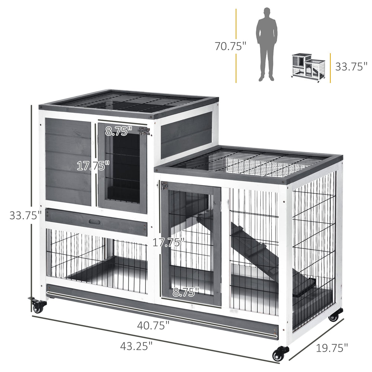 PawHut Wooden Rabbit Hutch Elevated Bunny Cage Indoor Small Animal Habitat with Enclosed Run with Wheels, Ramp, Removable Tray Ideal for Guinea Pigs, Grey PawHut