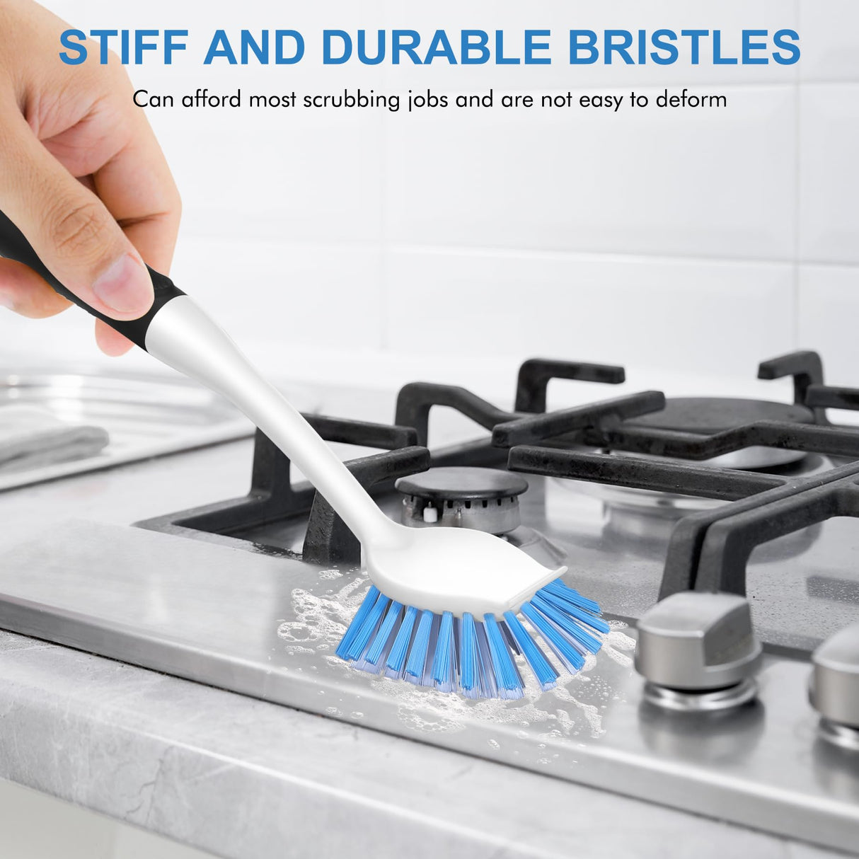 SetSail Dish Brush with Handle, 2 Pack Stiff Bristles Dish Scrubber with Built-in Scraper Dish Scrub Brushes for Cleaning Dishes, Pots and Pans, Kitchen Sink SetSail