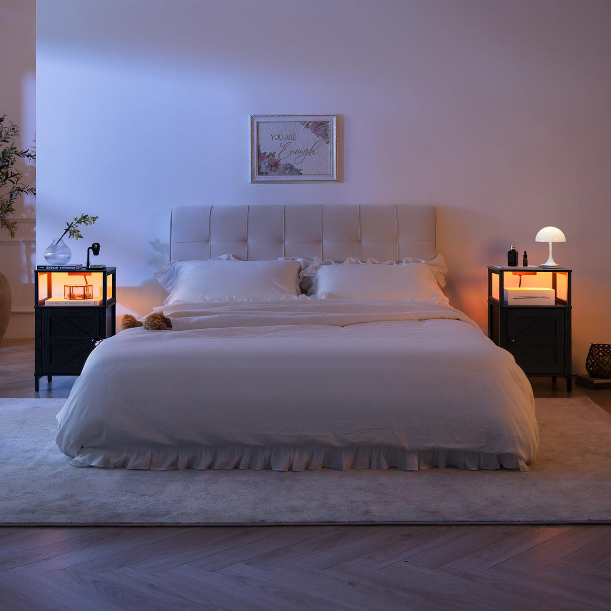 Yoobure Farmhouse Nightstand with Charging Station, Wood Night Stand End Table with USB Ports, LED Bed Side Table with Storage Cabinet, Bedside Table for Bedroom, Living Room Black Yoobure