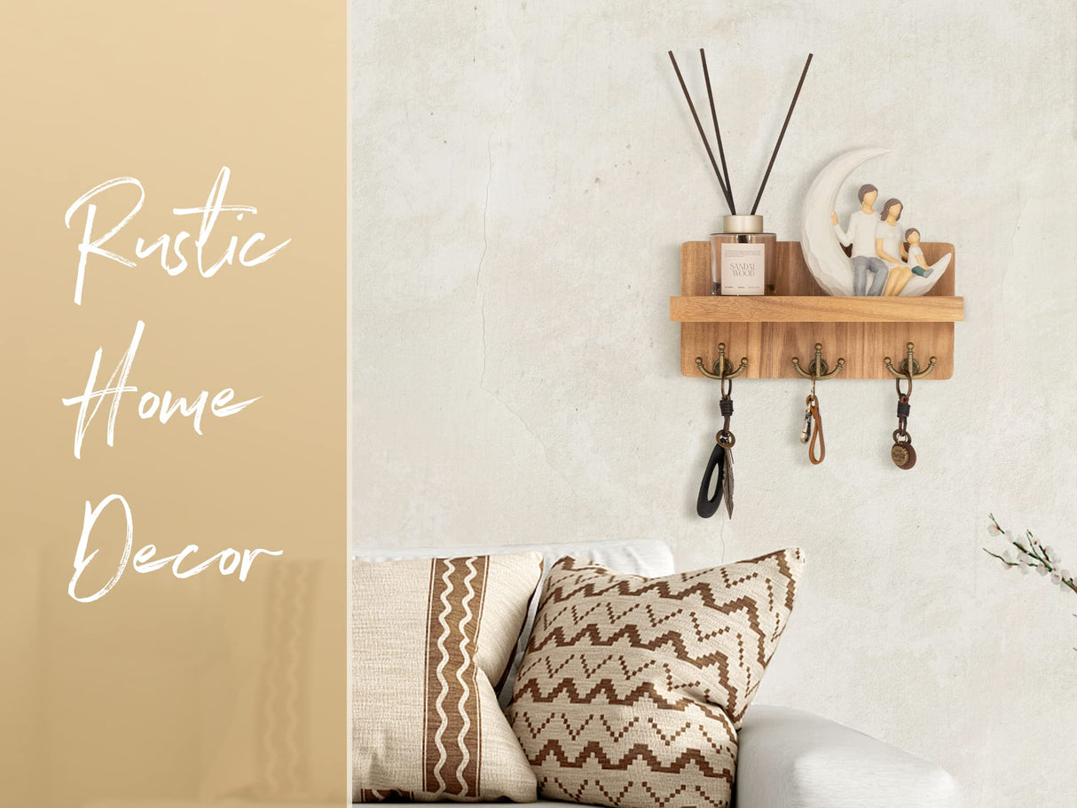 Rebee Vision Farmhouse Key Holder for Wall: Decorative Mail Organizer with Shelf and Rustic Mail Holder with 3 Anchor Key Hooks - Retro Home Decor Wall Mount for Entryway, Hallway (Light Brown) Rebee Vision